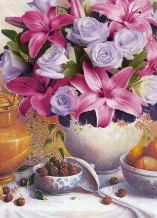 Алмазная вышивка " розы и лилии" ваза стол натюрморт полная выкладка мозаика 5d наборы 30х40 см