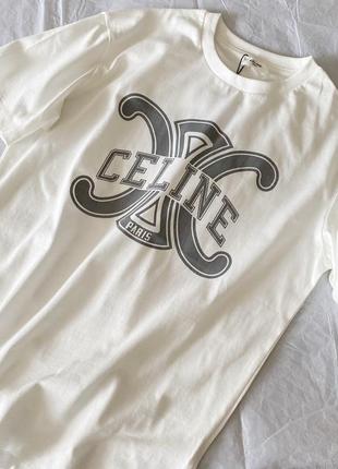 Женская мужская текстильная белая футболка celine paris с черным логотипом селин