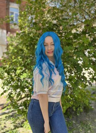 Парик волнистый голубой, синий, для фотосессии, косплей, аниме, без чёлки