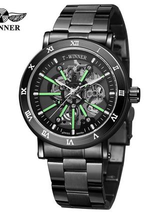Чоловічий годинник, механіка з автопідзаводом forsining 8256 all black steel