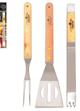 Барбекю-набір з дерев'яними ручками (вилка, лопатка, щипці) stenson mh-0166