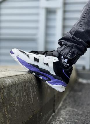 Трендовые мужские кроссовки adidas niteball white black violet белые с фиолетовым