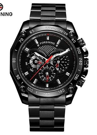 Чоловічий годинник механічний з автопідзаводом forsining 6910 all black steel