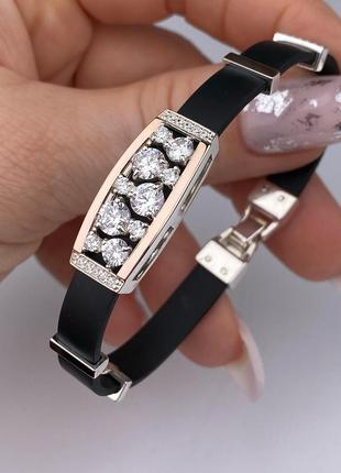 Серебряный браслет, каучук, фианиты, 925, золотые напайки