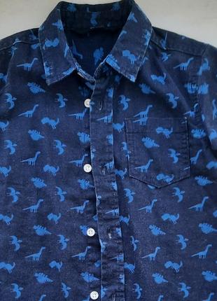 Синяя рубашка с коротким рукавом принт динозавры 3-4 лет 98-104 синие