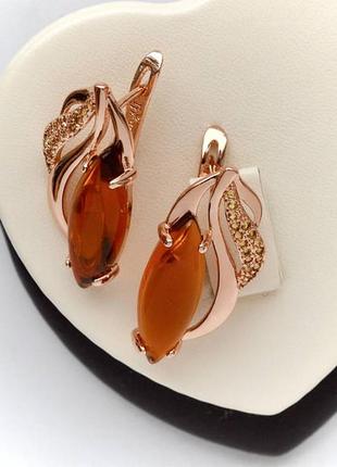 Позолочені сережки камені бурштин кольору медичне золото подарунок позолоченные серьги камни янтарь медзолото подарок