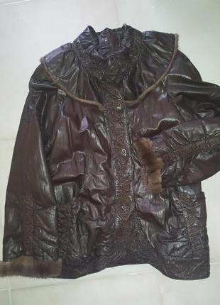 Куртка кожанка удиненная пальто шкіра з хутром норки