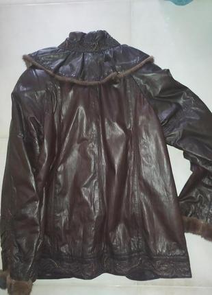 Куртка кожанка удиненная пальто кожа с мехом норки2 фото