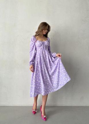 Женское платье миди цветочное черное лиловое розовое голубое сиреневое лавандовое весеннее нарядное4 фото