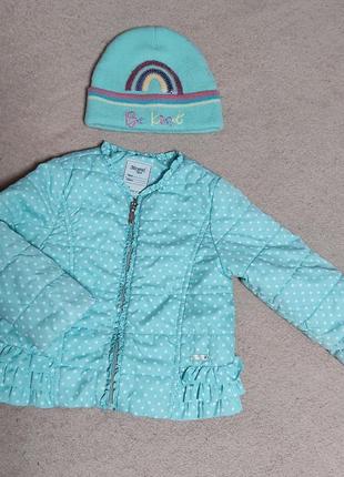 Комплект, весенняя, осенняя фирменная куртка демисезонняя с рюшами, деми курточка, пиджак, ветровка, шапка с радугой, шапочка, оригинал.