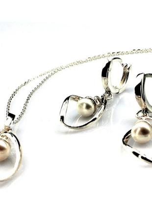 Срібні сережки та кулон з перлами diva6 фото