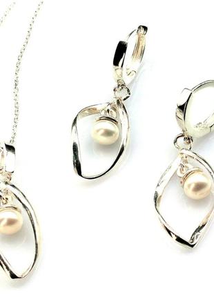 Срібні сережки та кулон з перлами diva5 фото