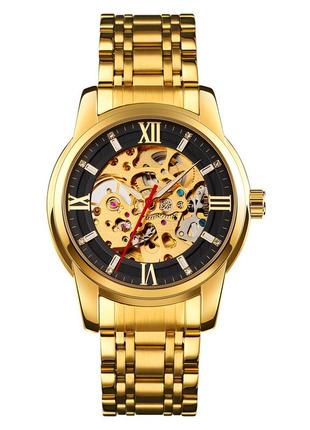 Мужские механические часы скелетон skmei 9222gdbk gold-black водостойкие наручные