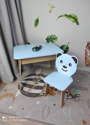 Столик детский деревянный с нишей (пеналом) мдф и стульчик мася , высота 46 см. столешница 60/45 см. голубой мишка