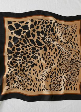 Женский платок шёлковый леопардовый кофейный с черным 70*70 см