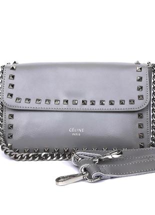 Шкіряний клатч жіночий через плече з шипами  "daring vintage" сірий