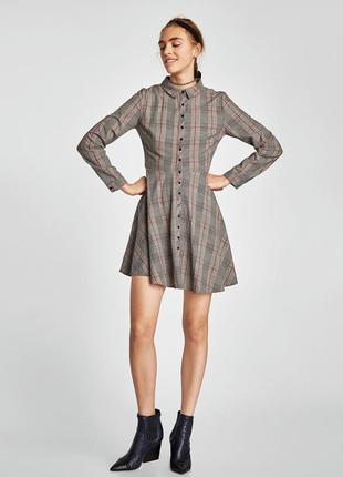 Платье-рубашка в клетку zara premium denim collection серое хлопковое клетчатое платье
