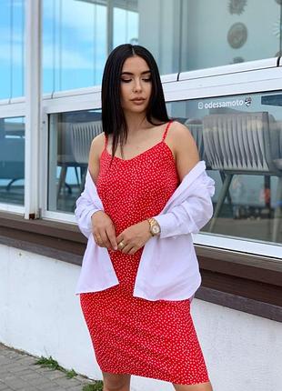 Жіночий прогулянковий костюм-двійка сорочка та сарафан у горошок на бретельках (червоний, світло-блакитний, чорний)