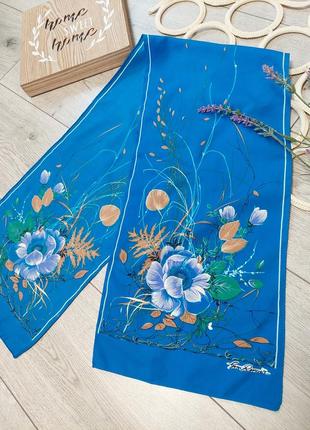 🔹голубой винтажный подпиской шарфик в цветочный принт🌼 gun renoir (26 см на 127 см)