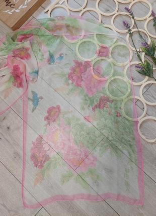 Нежный невесомый шёлковый шарфик в цветочный принт, с птицами ( 165 с на 51 см)