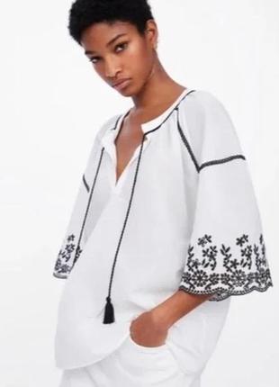 Zara хлопковая блуза с вышивкой s