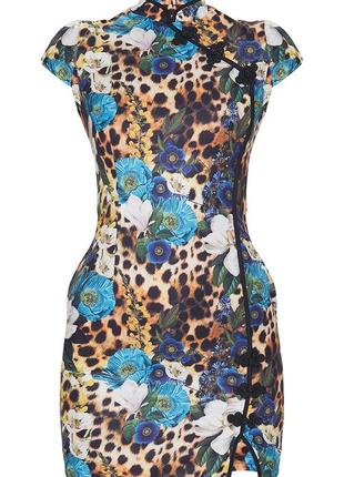 Голубое облегающее платье с цветочным принтом и леопардовым принтом в восточном стиле3 фото