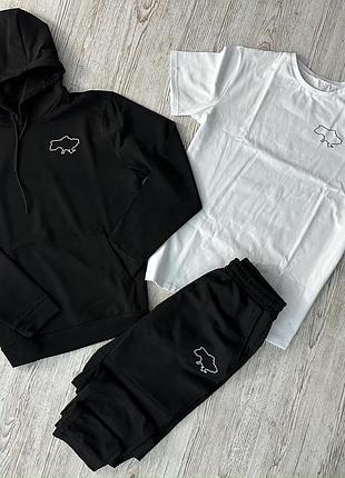 Демісезонний спортивний костюм карта україни чорний худі + штани (двонитка) + футболка біла карта україни