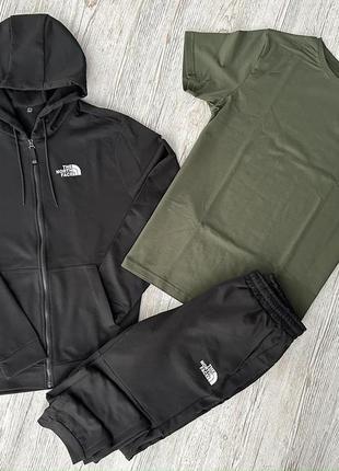 Демісезонний спортивний костюм tnf чорна кофта на змійці + штани (двонитка) + футболка хакі tnf