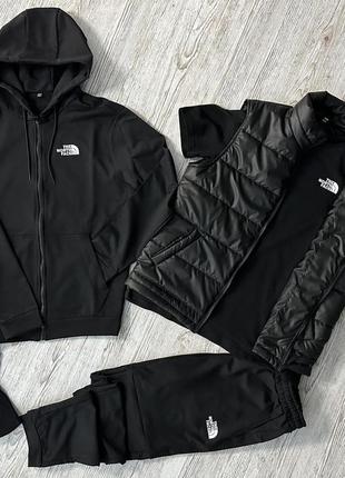 Демісезонний спортивний костюм tnf чорна кофта на змійці + штани (двонитка) + футболка чорна tnf + жилетка +