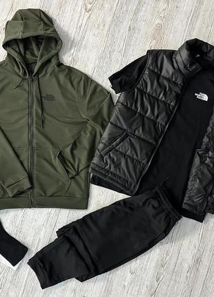Демісезонний спортивний костюм tnf кофта на змійці хакі + штани (двонитка) + футболка чорна tnf + жилетка +