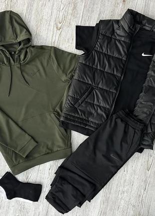 Демісезонний спортивний костюм nike худі хакі + штани (двонитка) + футболка чорна nike + жилетка + шкарпетки 2