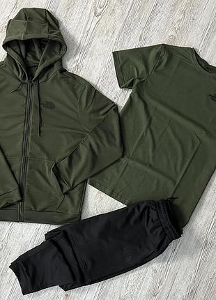 Демісезонний спортивний костюм tnf кофта на змійці хакі + штани (двонитка) + футболка хакі tnf