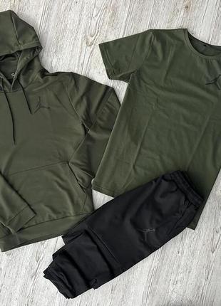 Чоловічий костюм демісезонний джордан / спортивний комплект худі хакі + футболка хакі + штани jordan
