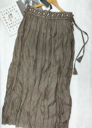 Юбка натуральный шелк в пол миди макси коричневая бежевая расшитая бисером3 фото