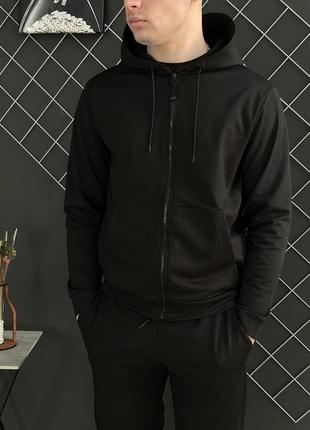 Мужской демисезонный костюм базовый / спортивный комплект кофта черная + футболка хаки + штаны однотонный4 фото