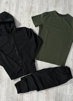 Мужской демисезонный костюм базовый / спортивный комплект кофта черная + футболка хаки + штаны однотонный1 фото