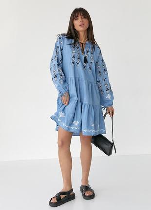 Свободное платье-вышиванка с оборками - голубой цвет, s (есть размеры)5 фото