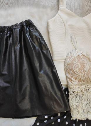 Черная натуральная кожаная юбка длинная мини миди пышная трапеция с карманами на резинке4 фото