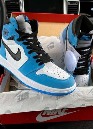 Мужские высокие кожаные кроссовки nike air jordan retro 1 “white\blue ”#найк