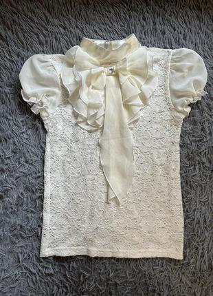 Блузка для девочки с бантом. блузка однотонная молочная. блузка5 фото