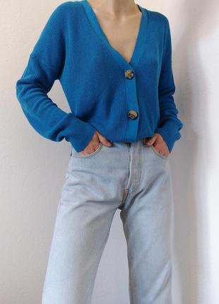 Бавовняний кардиган кофта з гудзиками синій светр з гудзиками джемпер коттон пуловер реглан лонгслів кофта бавовна кардиган укорочений