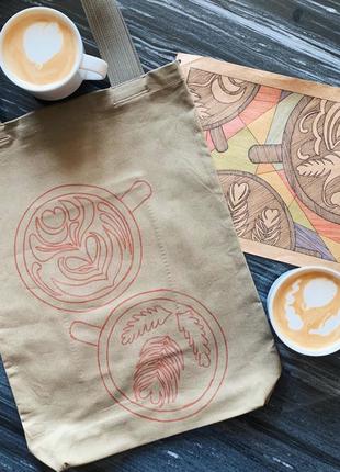 Эко сумка шоппер торба @don.bacon коричневая с рисунком кофе латте арт