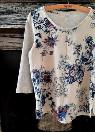 Блуза свитшот кофточка рукав 3/4 принт цветочный цветы коттон хлопок джемпер2 фото