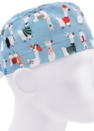 Медична шапочка шапка чоловіча тканинна бавовняна багаторазова принт лами на блакитному