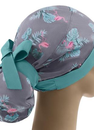 Медицинская шапочка шапка женская тканевая хлопковая многоразовая принт фламинго серый