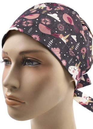 Медична шапочка шапка жіноча тканинна бавовняна багаторазова принт єдиноріжки пташки4 фото