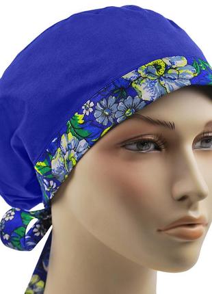 Медична шапочка шапка жіноча тканинна бавовняна багаторазова принт квітковий синій4 фото