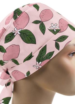 Медицинская шапочка шапка женская тканевая хлопковая многоразовая принт лимоны розовые