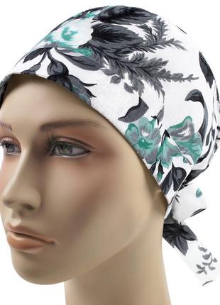 Медицинская шапочка шапка женская тканевая хлопковая многоразовая принт мятный шиповник цветы4 фото