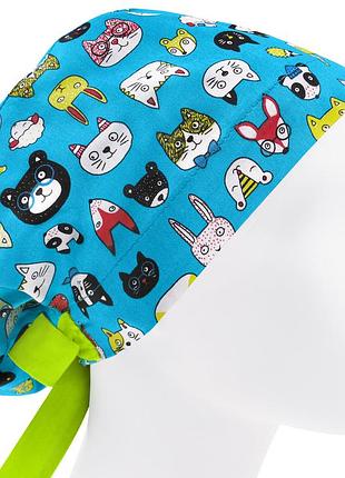 Медицинская шапочка шапка женская тканевая хлопковая многоразовая принт коты на бирюзе